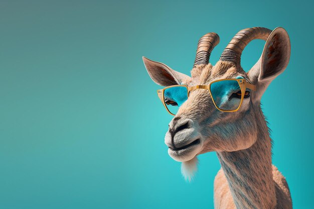 A goat wearing sunglasses and a blue background