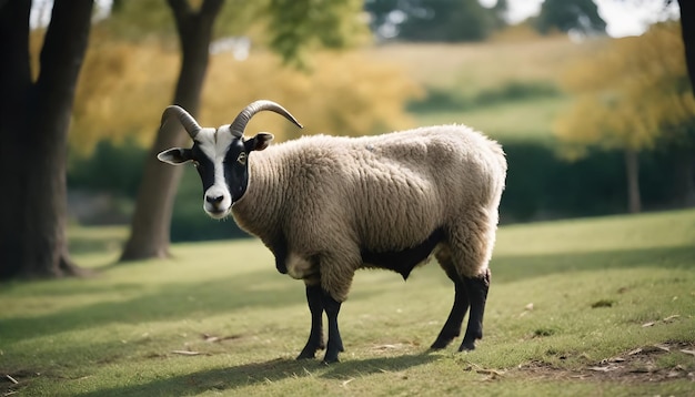 a goat with a black face and black legs stands in a field