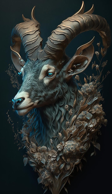 A goat with blue eyes and horns.