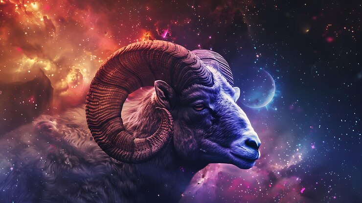 Photo a goat with a blue face and a purple background with a star in the background
