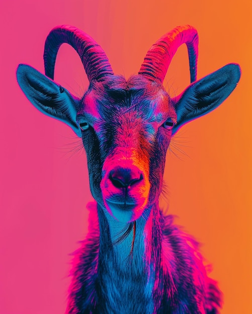 a goat with a blue and purple face is shown