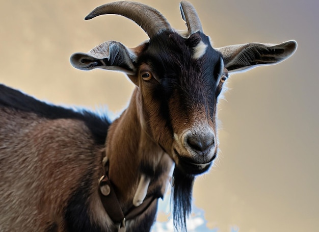 A goat with a collar and a bell around its neck