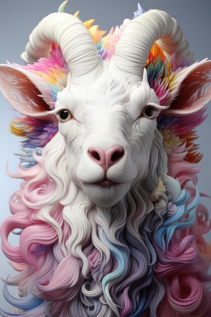 Photo a goat with colorful hair and colorful hair is shown