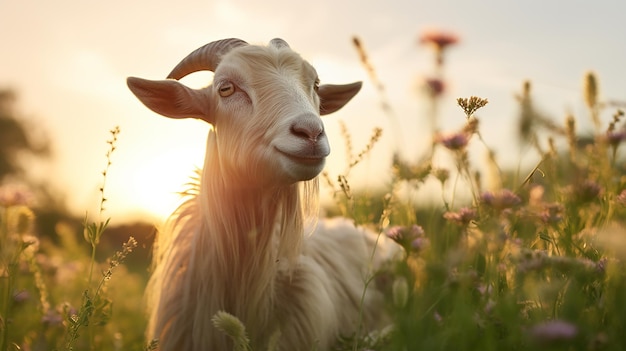 a goat with a goat on the face and the sun behind it