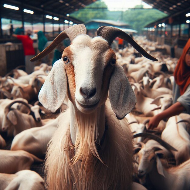 Foto una capra con una capra sulla testa è in piedi in un fienile