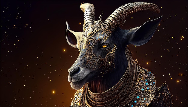 A goat with gold jewelry and gold jewelry