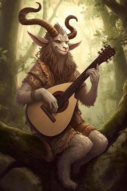 a goat with a guitar and a lion in the woods