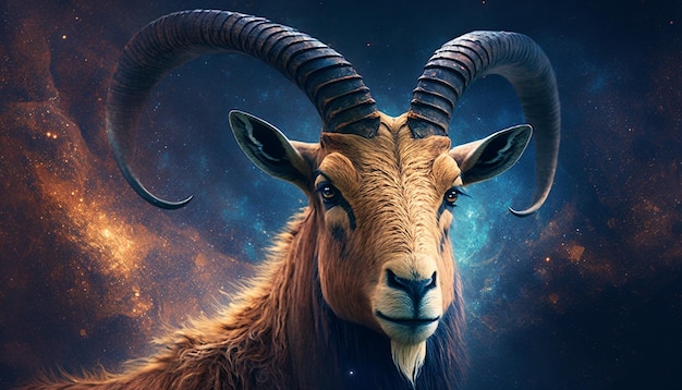 A goat with horns and a blue background