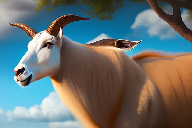 Premium Photo | A goat with horns and a blue sky background