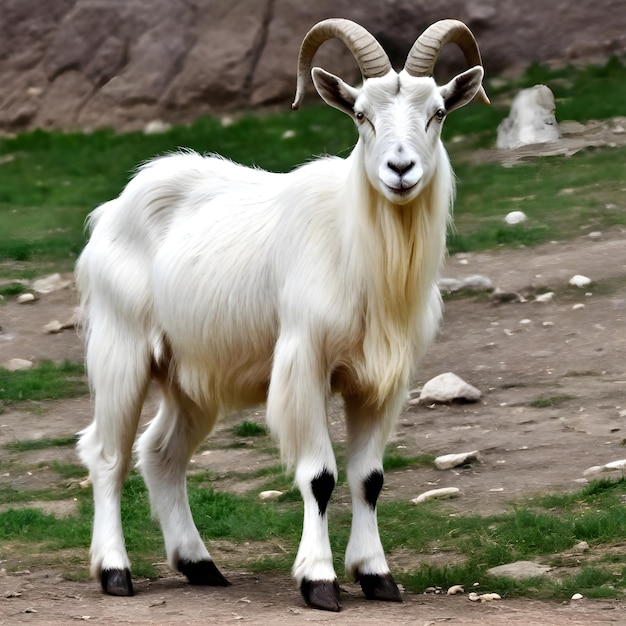 Photo a goat with horns is standing in a field