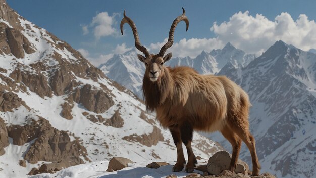 Photo a goat with horns is standing on a snowy mountain