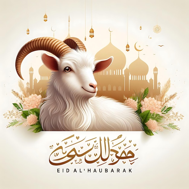 a goat with horns is on a white background with flowers and a mosque in the background