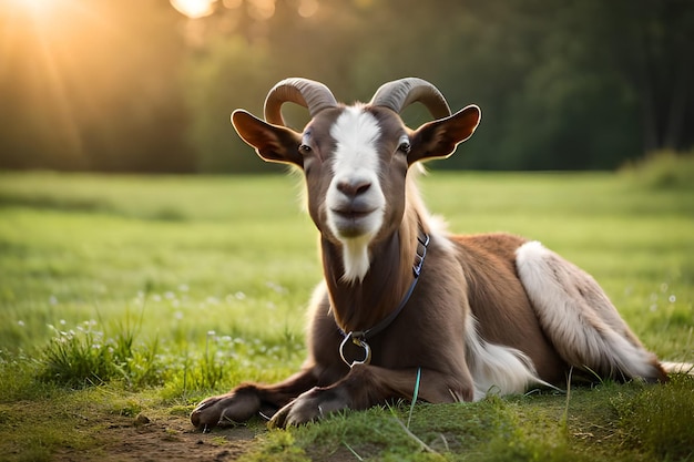 A goat with horns laying on a field