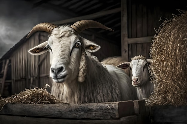 A goat with horns stands in a barn with hay in the background.