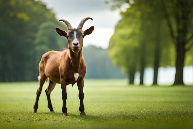 A goat with horns stands in a field