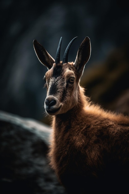 A goat with horns stands in front of a dark background.