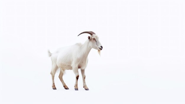 A goat with horns stands in the snow.