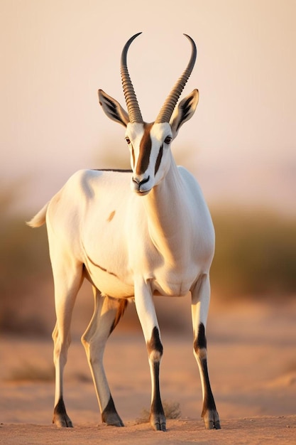 a goat with horns that is standing in the desert