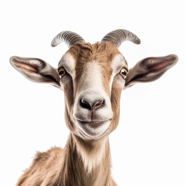 A goat with horns and a white background