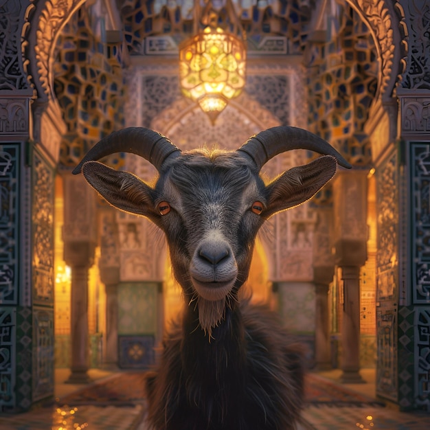 goat with islamic lantern background for design Eid al Adha sale post for social media