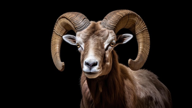 a goat with a large horns on a black background.