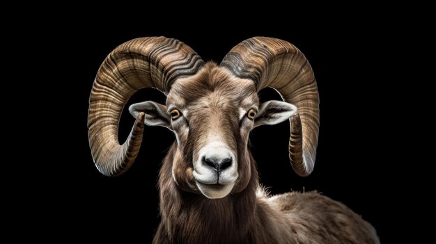 a goat with large horns and a black background