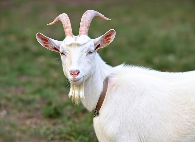 A goat with a leather collar and a brown leather collar