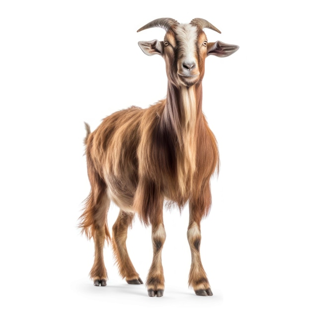 A goat with long hair and long fur stands on a white background.