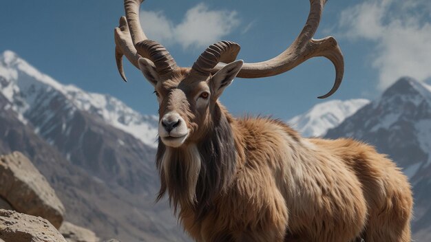 Photo a goat with a long horns has a mountain in the background