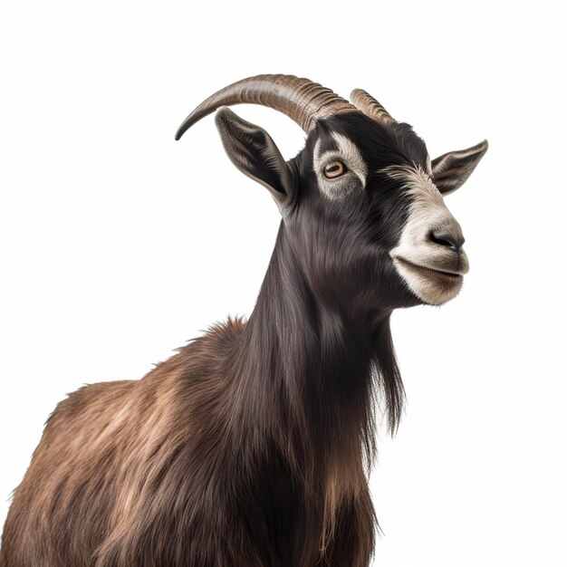 A goat with long horns and a long beard is looking at the camera.