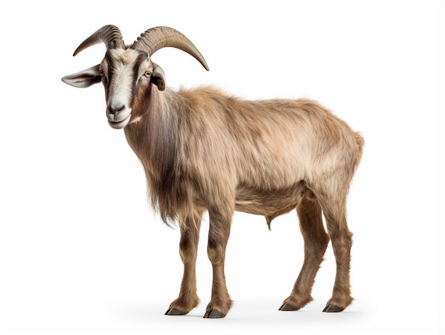 a goat with a long horns stands against a white background.