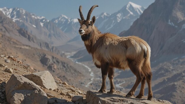 Photo a goat with a long horns stands on a mountain