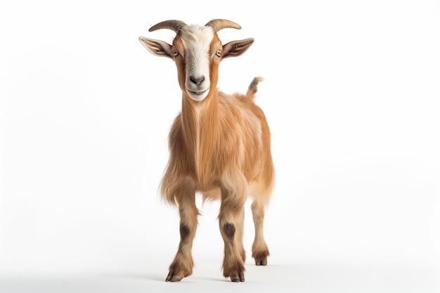 A goat with long horns stands on a white background