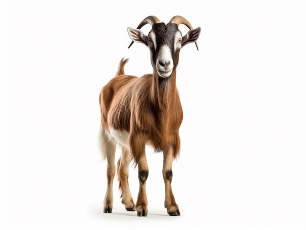 Foto una capra con lunghe corna si erge su uno sfondo bianco.