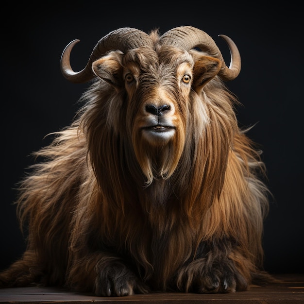 a goat with a long mane sits on a wooden table