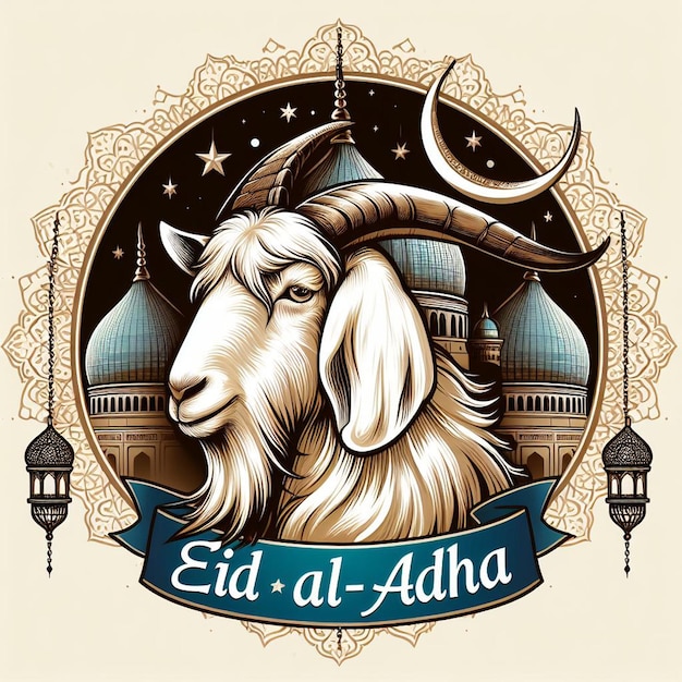 a goat with a moon and a blue frame with the word arabic on it