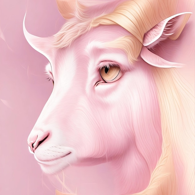 A goat with a pink face and a pink background