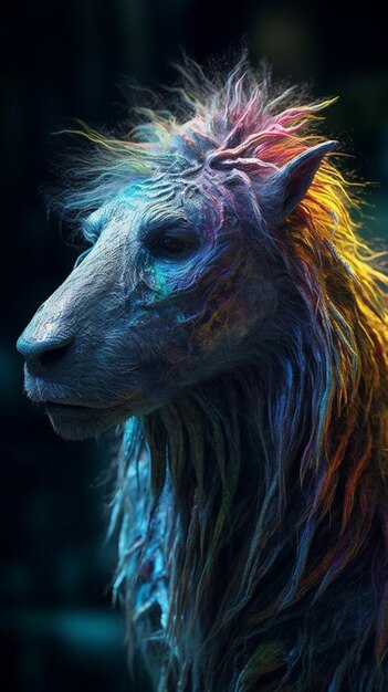 A goat with a rainbow mane