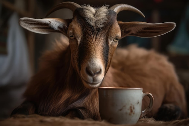 Goat With Sleepy Face Holding Chai Tea Generative AI