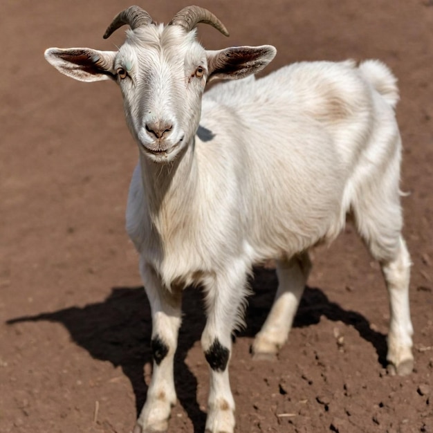 a goat with a tag on its neck stands in the dirt