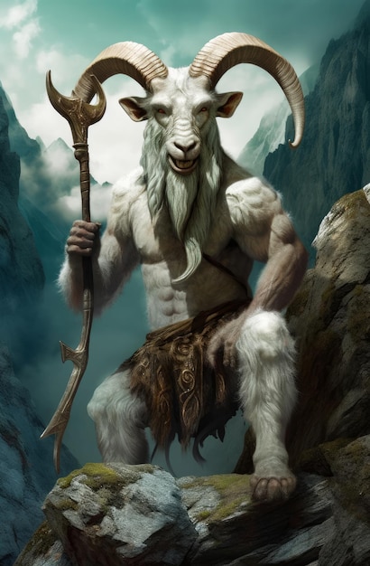 A goat with a trident sits on a rock in front of a mountain.