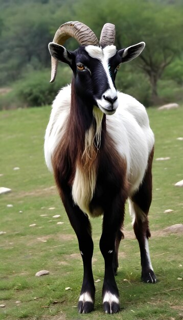 Photo a goat with a white face and black legs stands on a dirt road