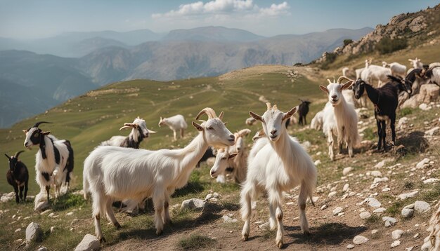 Photo goats are standing on a mountain with mountains in the background