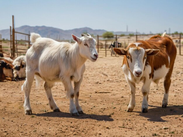 Goats and cows on a desert farm