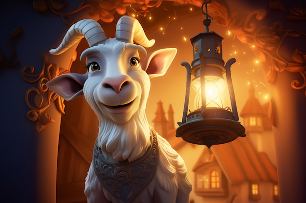 Photo goats with lanterns and lights celebrating eid aladha