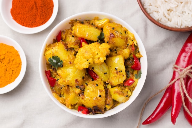 Gobi aloo is een vegetarisch gerecht van bloemkool en aardappel naast de ingrediënten