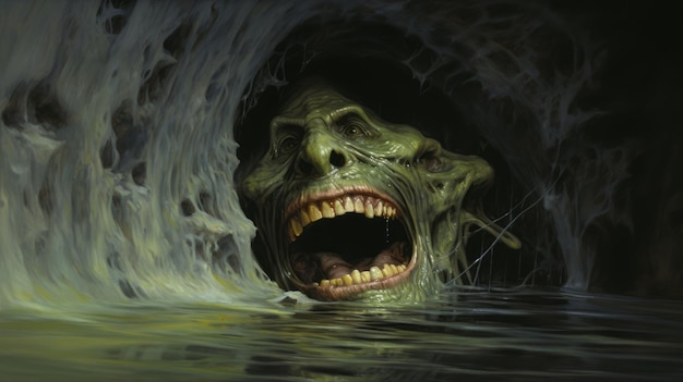 사진 고블린코어 아트 (goblincore art) 는 물 속에 입을 열고 있는 매우 상세한 작품입니다.