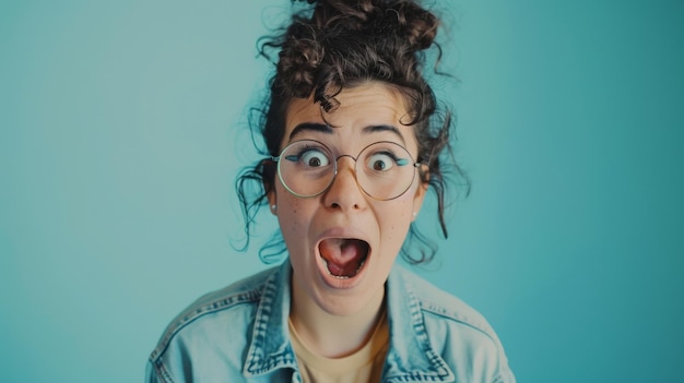 Photo a gobsmacked woman with quirky glasses and a denim jacket on a teal backdrop