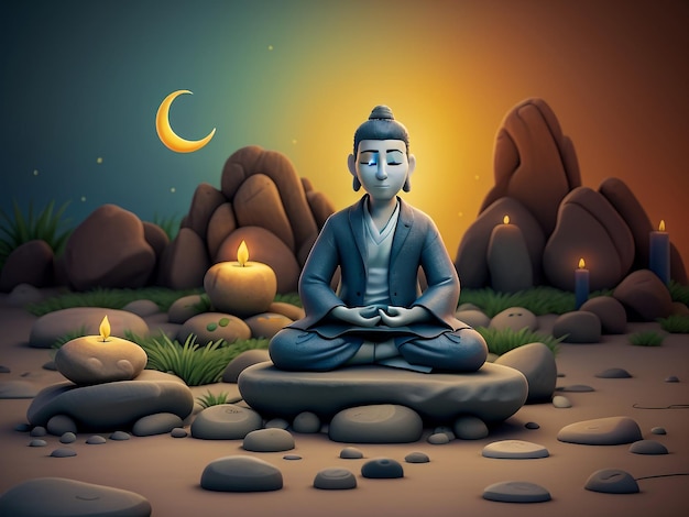 부처님은 그의 영적 위치에 앉아 세계 평화를 위해 생각하고 있습니다.