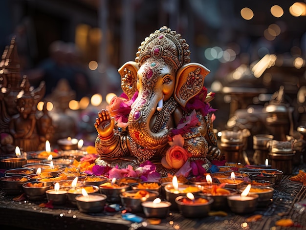 A The god Ganesh with flowers and candles lighting oil lamps for the Diwali celebrations